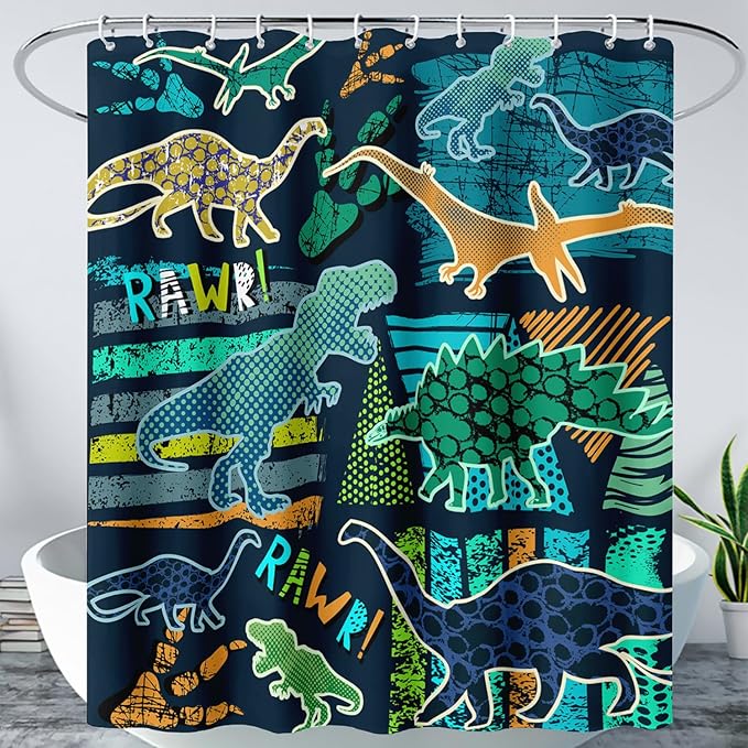 AILONEN Boys Dinosaur Shower Curtain 72" W*72" H for Bathroom,Cartoon Dinosaur Bathroom Shower for Kids Boys,Retro Blue Dinosaur Print Bath Curtain Polyester Waterproof Bathroom Curtain with 12 Hooks