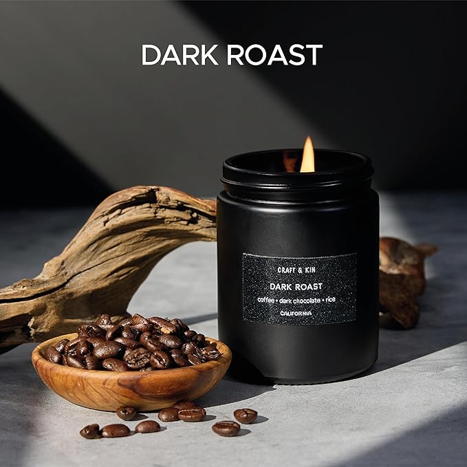 Craft & Kin Premium Dark Roast Coffee Candle | Black Spring Scented Candles for Home | Long Lasting with 45 Hour Burn Time, 7.6oz | Made with Soy | Aromatherapy at Home | Gifts for Men