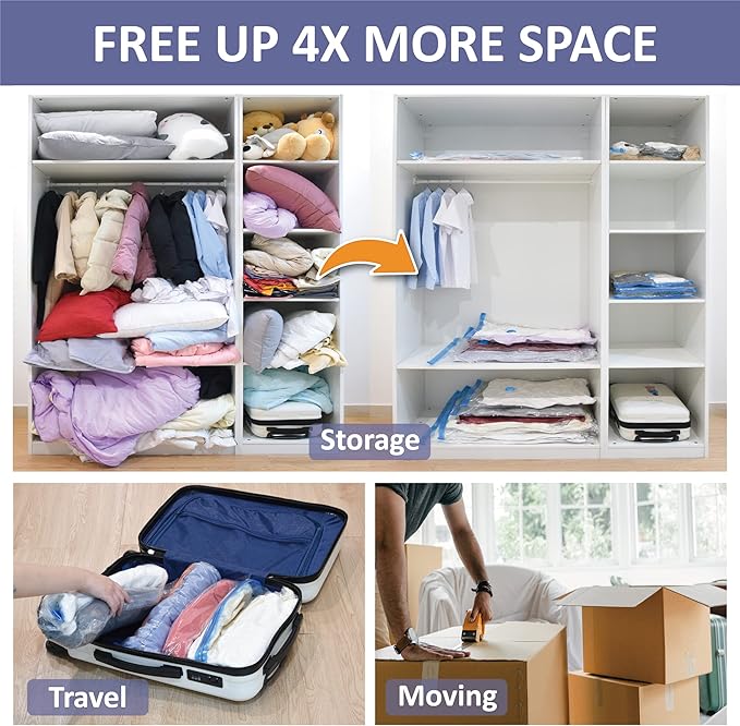 25 Pack Vacuum Storage Bags, Space Saver Vacuum Storage Bags, Vacuum Seal Bags for Clothing, Clothes, Comforters and Blankets, Hand Pump Included
