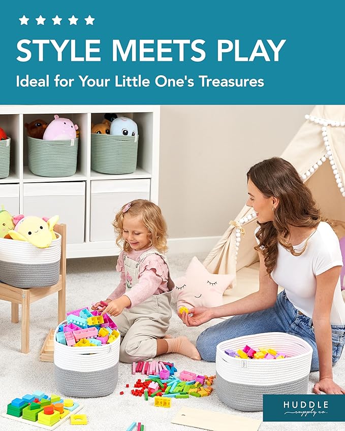 Washable Woven Storage Baskets for Organizing - 3-Pack Cotton Rope Basket with Handles - Decorative Storage Bins, Storage Baskets for Shelves, Nursery Storage Bins, Cube Baskets - White & Grey