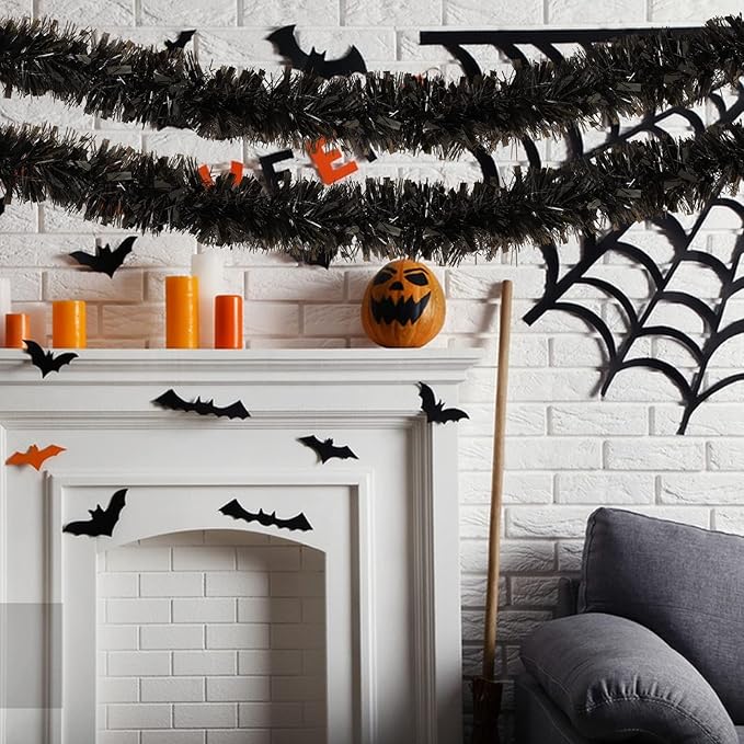 26.2 Feet Black Holiday Tinsel Garland for Christmas,Halloween, Birthday, Weddings, Party Decorations, Xmas Foil Tinsel Garland for All-Season Home Indoor Outdoor Party Supplies(Black)