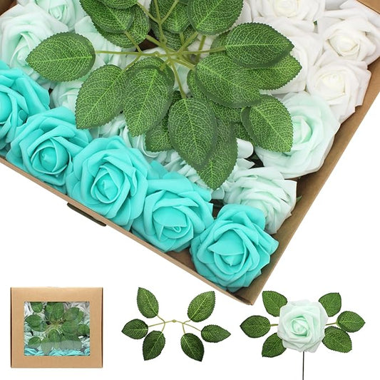 50PCS Artificial Flowers Green Series Roses Real Looking Foam Fake Roses with Leaves and for DIY Wedding Bouquets Bridal Shower Centerpieces Party Decorations (Green Series, 50)