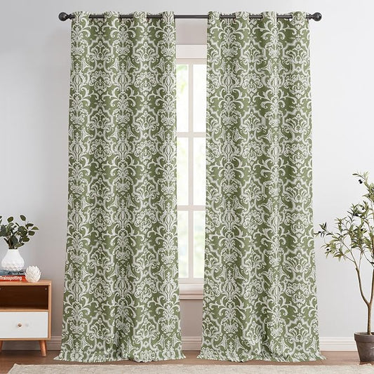 jinchan Room Darkening Curtains for Bedroom Sage Green Damask Patterned Curtains 96 Inch Length for Living Room Linen Textured Vintage 8FT Long Drapes Window Treatments Grommet Top 2 Panels Set