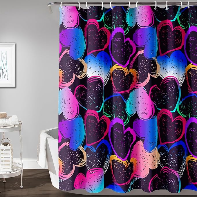 AILONEN Hearts Shower Curtain for Bathroom, Colorful Hearts Love Theme Bath Curtain for Kids Girls Women,Abstract Hearts Print Black Shower Curtain Waterproof with 12 Plastic Hooks, 72" W*84" H