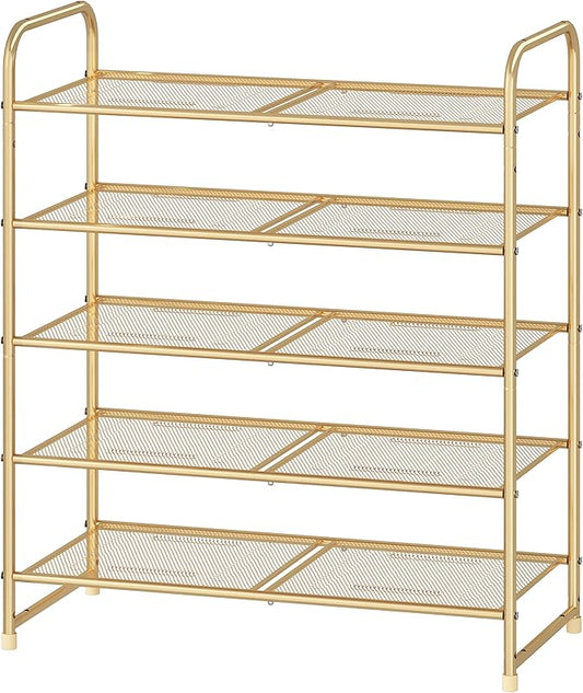 Simple Trending 5-Tier Stackable Shoe Rack, Expandable & Adjustable Shoe Shelf Storage Organizer, Metal Mesh, Gold