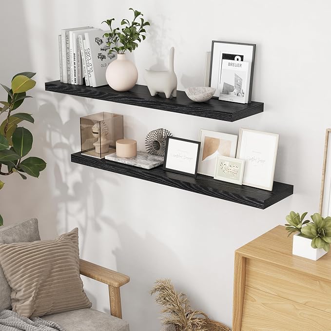 48"W x 9"D Floating Shelves Set of 2, 9.3 Inch Deep Floating Shelves Wall Mounted, Wide Wall Shelves Invisible Bracket, Deep Storage Shelves for Living Room, Bathroom, Kitchen, Black Color