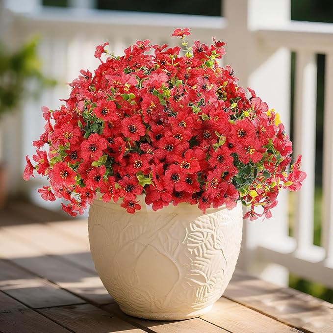Artificial Flowers Outdoor, Faux Silk Flowers Plastic Plants for Outdoors Indoor Outside Front Porch Hanging Planter Window Box Garden Home Decoration, 14 Bundles(Red)
