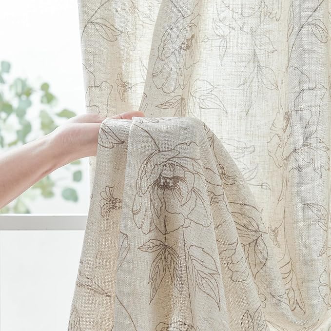 jinchan Linen Floral Curtains for Living Room 84 Inch Length Taupe Flower Curtain Rod Pocket Back Tab Farmhouse Curtains with Printed Floral Bedroom Window Curtain Set, 2 Panels Taupe