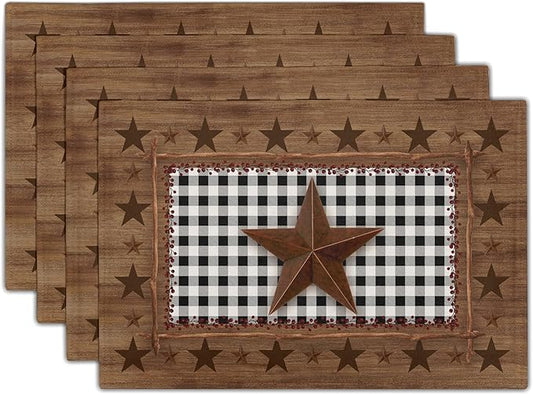Western Texas Star Placemats for Dining Table Set of 4，Buffalo Plaid Country Wooden Plank Table Mats 18 x12 Inch Non-Slip Dining Table Place Mats for Party Kitchen Indoor Decor