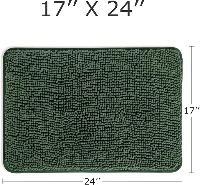 Dark Green Bathroom Rugs – Absorbent and Washable Bath Mat, Non-Slip, Thick Soft Chenille Bath Rugs for Bathroom Floor, Shower, Sink - 17" x 24"