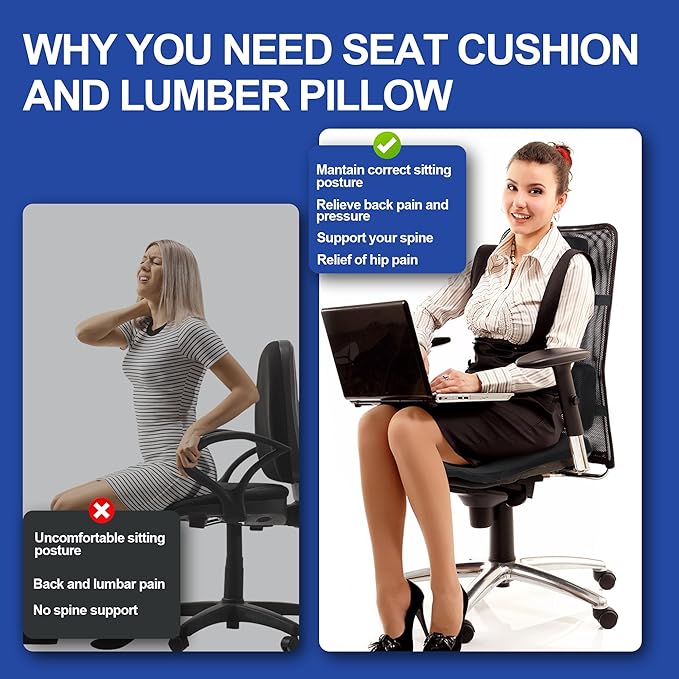 HOMBYS Lumbar Support Pillow for Office Chair with Seat Cushion, T Shape Backrest Pillow Improved Sitting Posture and Upper/Lower Back Pain Relief for Desk Chairs, Car Seats and Airplanes,Black