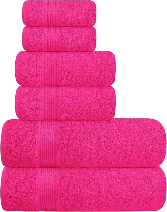 Belizzi Home Ultra Soft 6 Pack Cotton Towel Set, Contains 2 Bath Towels 28x55 inch, 2 Hand Towels 16x24 inch & 2 Wash Coths 12x12 inch, Ideal Everyday use, Compact & Lightweight - Hot Pink