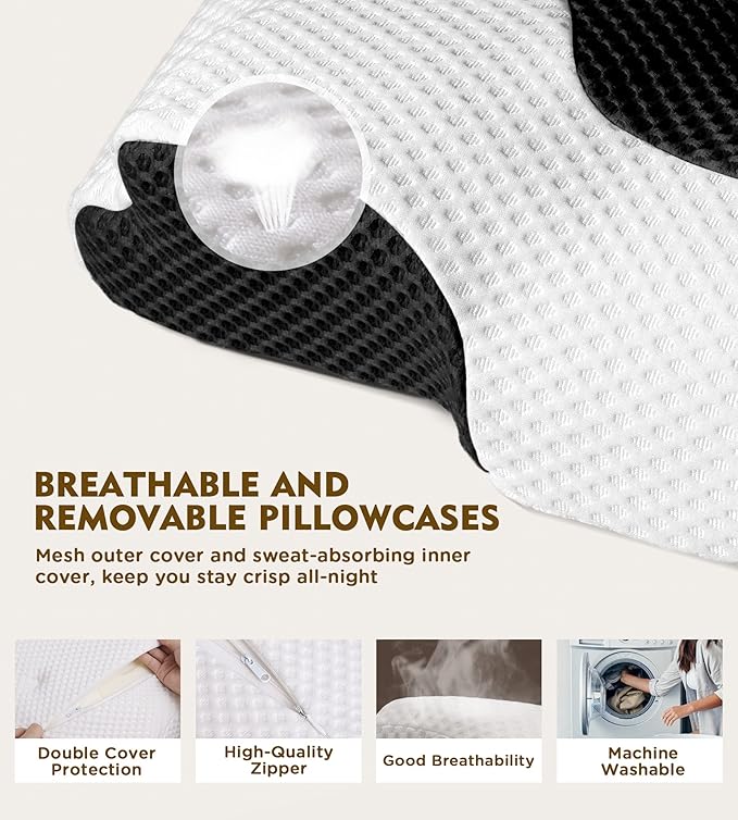 Osteo Cervical Pillow for Neck Pain Relief, Hollow Design Odorless Memory Foam Pillows with Cooling Case, Adjustable Orthopedic Bed Pillow for Sleeping, Contour Support for Side Back Stomach Sleepers