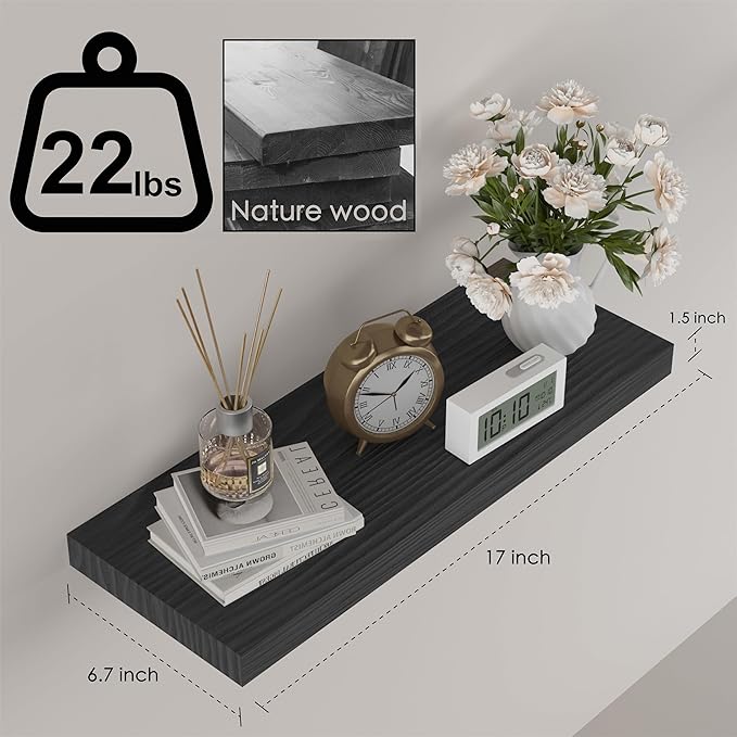 Floating Shelves for Wall- 17 Inch Natural Wood Black Shelves for Bathroom, Bedroom, Kitchen Decor, Farmhouse Decor Set of 2