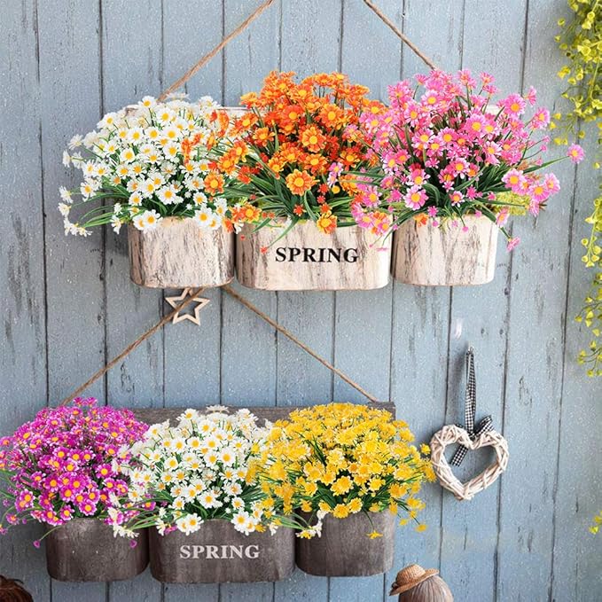 8 Bundles Artificial Daisies Flowers Outdoor UV Resistant Fake Foliage Greenery Faux Plants Shrubs Plastic Bushes for Window Box Hanging Planter Farmhouse Indoor Outside Decor(Pink)