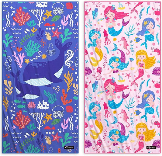 Kids Beach Towels 2 Pack 60''x30'', Quick Dry, Sand Free, Compact, Lightweight, Absorbent, Girls & Boys Large Microfiber Towels Gifts for Pool, Swim, Cruise Essentials