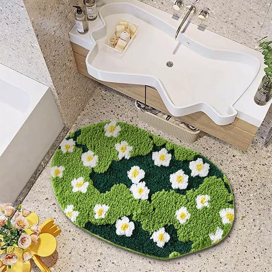 Cute Green Floral Bath Mat Microfiber Moss Bathroom Rug 20''W x 32''L Non Slip Washable, Modern Chic Boho Aesthetic Trendy Shaggy Bathroom Shower Floor Mat Absorbent