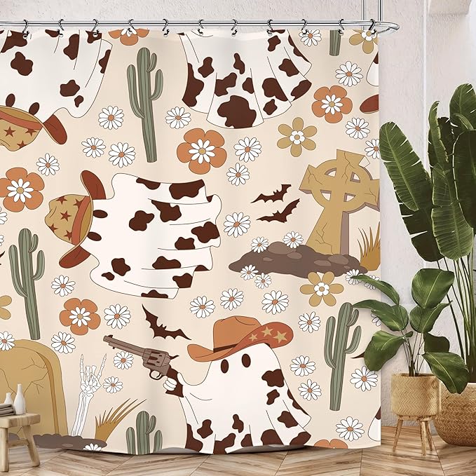 Halloween Ghost Cowboy Shower Curtain 60Wx72L Inch Horror 70s Retro Groovy Western Hippie Funky Trendy Funny Holiday Bathroom Set Accessories Decor with 12 Pack Hooks