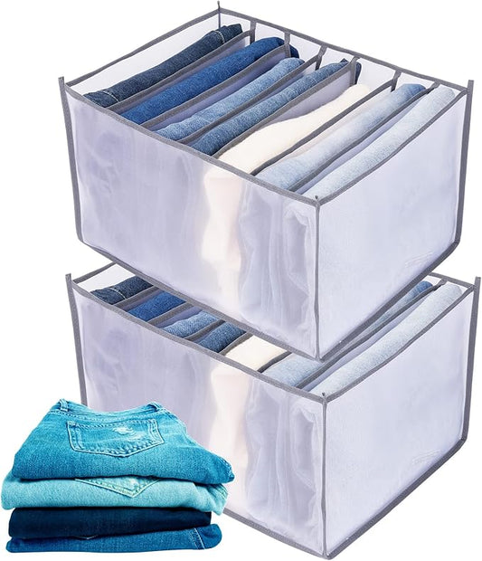 TOOVREN Upgraded Jeans Organizer for Closet, Wardrobe Clothes Storage, Mesh Foldable Compartment for Pants, Leggings, 2 Pack, Large 7 Grids