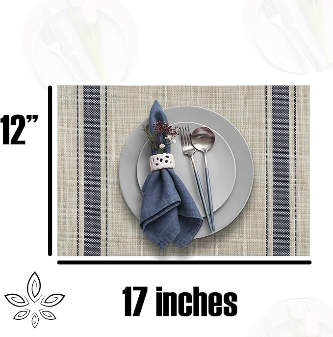 More Décor Dining Table Placemats, Washable Heat-Resistant PVC Vinyl Table Mats for Dining Room and Kitchen, Anti-Slip - Set of 6 - Vertical Striped Blue - Grey