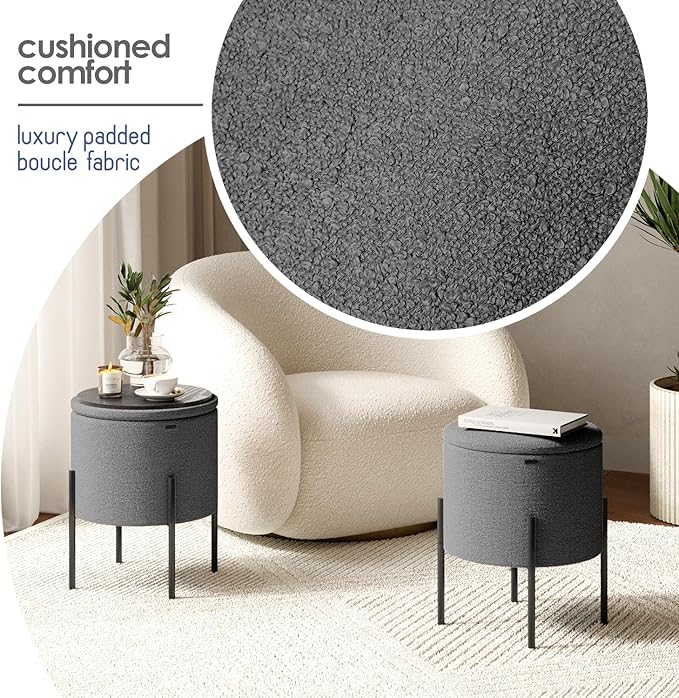 StorageBud Round Ottoman with Storage, Boucle Storage Ottoman, Foot Stool Ottoman, Makeup Vanity Stool, Small Ottoman Foot Rest, Modern Ottomans for Living Room and Bedroom, Grey