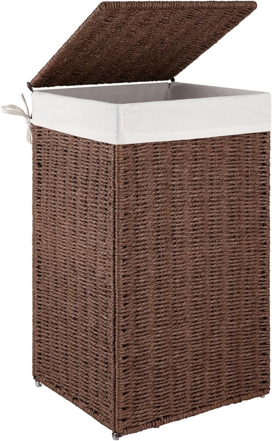 OIAHOMY Laundry Hamper with Lid, 17.2 Gal (65L) Wicker Hamper with Removable Liner Bag, Handwoven Clothes Basket with Handles, Foldable Paper Rope Basket for Laundry Room, Bedroom-Brown