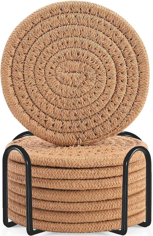 ABenkle 8 Pcs Drink Coasters with Holder, Cotton Woven Absorbent Coasters for Drinks, Minimalist Home Decor Coaster Set for Wooden Tabletop Protection Table, 4.3 inches Brown