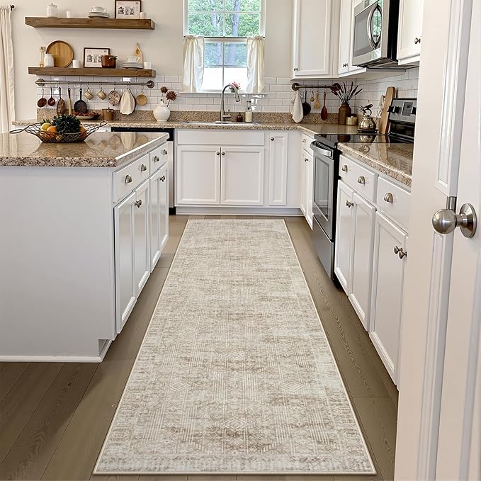 Lahome Morden Beige Kitchen Runner Rugs Non-Skid, Washable Hallway Runner Rug 10 ft, Farmhouse Soft Stain Resistant Carpet Runner for Bathroom Long Hall Office Home