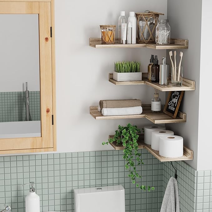 4 Tier Floating Corner Shelves - Set of 4 Rustic Wooden Floating Corner Wall Shelf with Cord Hole, L Shaped Corner Shelf Wall Mount for Bedroom,Living Room,Bathroom,Kitchen,Carbonized Black