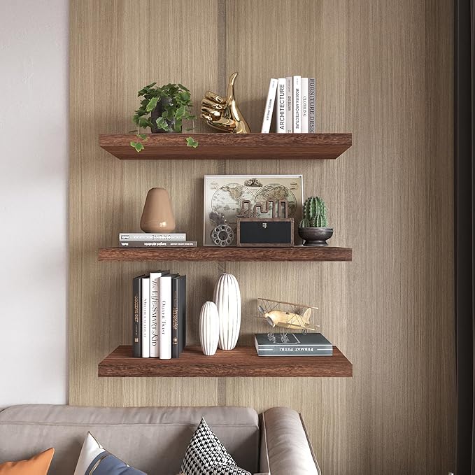 Floating Shelves 24 Inch Wall Shelf Solid Wood Mounted Storage for Bedroom Living Room Set of 3, Rustic Brown Wall Shelves
