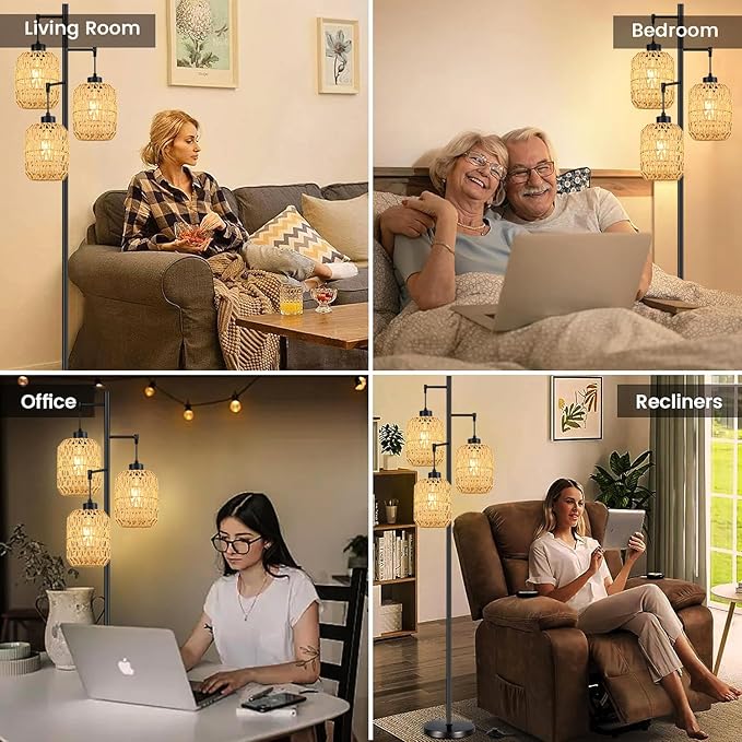 Floor Lamp for Living Room,Bedroom,Boho Rattan Tree 3 Lights Farmhouse Floor Lights,Industrial Black Standing Lamp Wicker Rustic Tall Lamp,Woven Bamboo LampShade Floor Lamps Bohemian