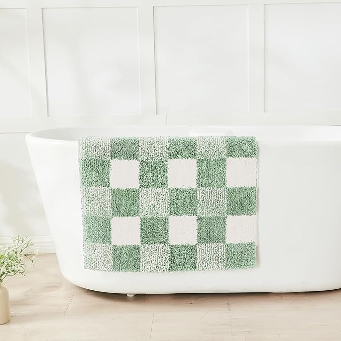 CozeCube Checkered Bath mats for Bathroom Non Slip, Plush Shaggy Bath Rugs for Bathroom Washable, Buffalo Plaid Bath mat, Sage Green, 36" x 24"
