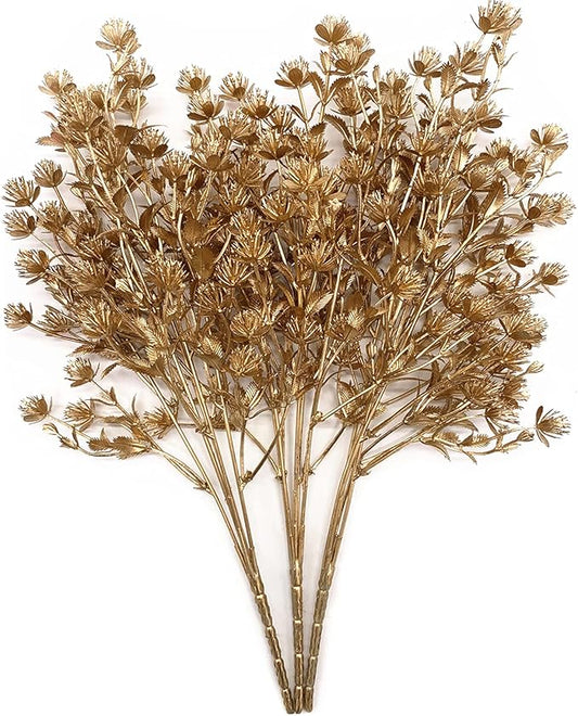 Christmas Artificial Flowers, Golden Baby Breath Gypsophila Plastic Plant Fake Plants for Wedding Bridal Bouquet Party Indoor DIY Home Office Table Centerpieces Arrangements Decoration - Gold 3 Pack