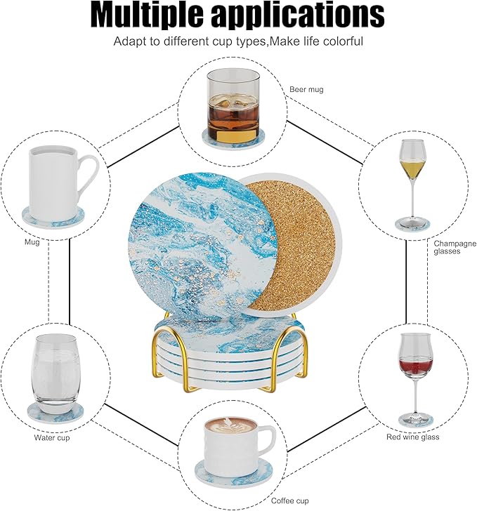 Coasters for Drinks Set of 4, Absorbent Mountainous Region Marble Style with Metal Golden Holder, Ceramic Coaster Set Cup Mat for Home Decor, Bar, Kitchen, Party