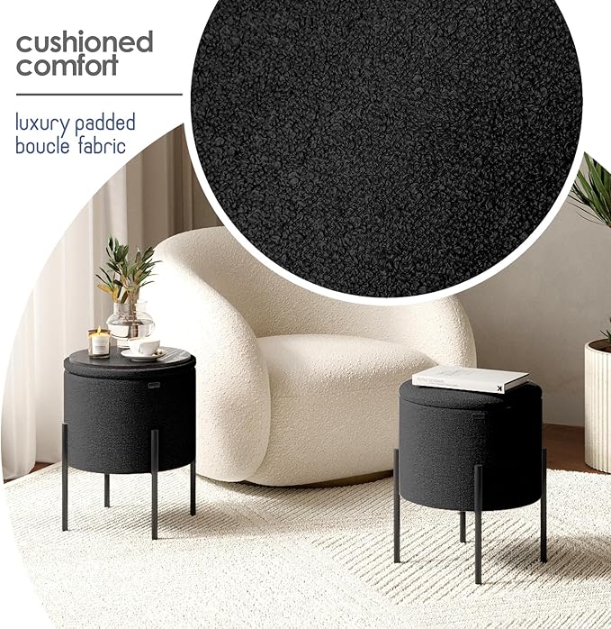 StorageBud Round Ottoman with Storage, Boucle Storage Ottoman, Foot Stool Ottoman, Makeup Vanity Stool, Small Ottoman Foot Rest, Modern Ottomans for Living Room and Bedroom, Black