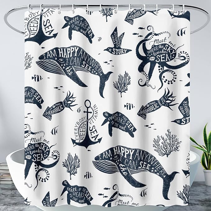 AILONEN Whale Shower Curtain Cartoon Gull Sea Turtle Octopus Bath Curtain Ocean Animal Blue Printed Shower Curtain 72" W*78" H Minimalist Bathroom Curtain Polyester Waterproof Curtain with 12 Hooks
