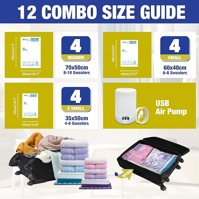 Travel Vacuum Bags with Electric Pump, Vacuum Travel Bags for Luggage and Suitcase, Vacuum Seal Compression Packing Bags for Clothes Clothing, Combo 12 Pack