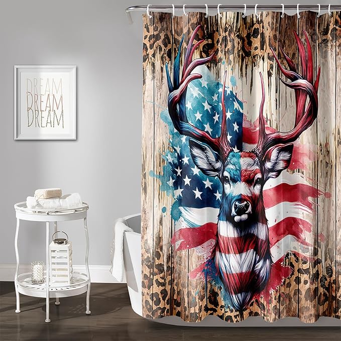 AILONEN Deer Hunting Shower Curtain for Bathroom Decor,American Flag Elk Bath Curtain for Kids Boys Teens,Safari Deer Print Curtain,Polyester Waterproof with 12 Plastic Hooks 60" W*72" H