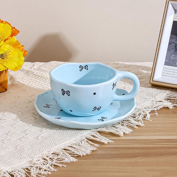 Koythin Ceramic Coffee Mug with Saucers, Handmade Flowers Mugs, Cute Cup for Girl Women, Aesthetic Tea Milk Cup with Handle, 8.5 oz/250 ml for Latte, Cocoa, Office, Home (Blue Small Bow)