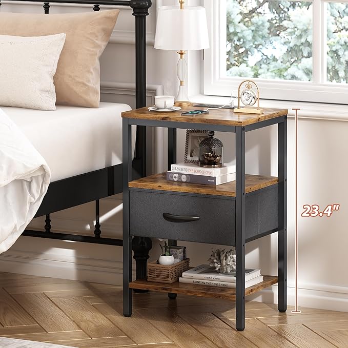 SUPERJARE Nightstand with Charging Station, Bed Side Table with Adjustable Fabric Drawer, Night Stand for Bedroom, 3-Tier Storage End Table, for Living Room, Rustic Brown and Black