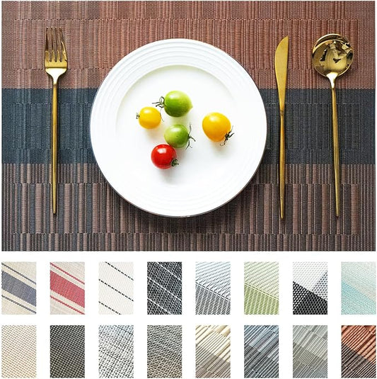 Placemats Set of 12 Vinyl/Plastic Woven Place Mats for Kitchen Table Indoor/Outdoor Washable Placemat Wipeable Dining Table Mats (Ombre Brown Black,12)