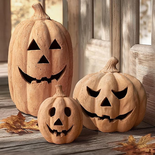 Fall Decor - Halloween Decorations - Handmade Terracotta Pumpkin Jack O' Lantern Outdoor Indoor -Cute Halloween Farmhouse Autumn Festival Decoration for Home Table Porch Mantel Front Door Room(Large)