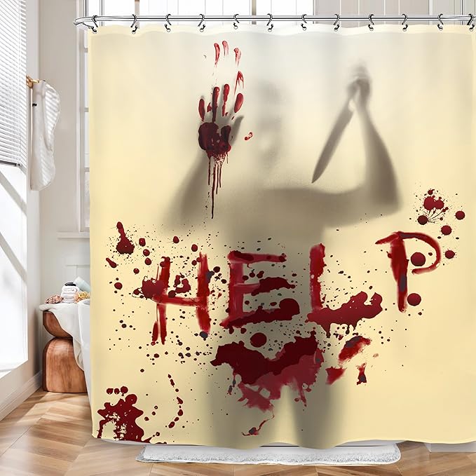 Halloween Horror Scary Shower Curtain 60Wx72L Inch Help Me Blood Silhouette Funny Spooky Holiday Bathroom Set Accessories Decor with 12 Pack Hooks