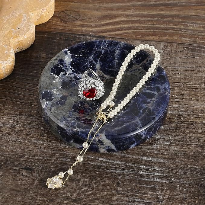 Koville Marble Jewelry Dish, Small Round Trinket Dish for Ring Necklace Earring, 4" Decorative Dish, Aesthetic Home Table Decor, Natural Stone Soap Dish for Bathroom Kitchen (Blue)
