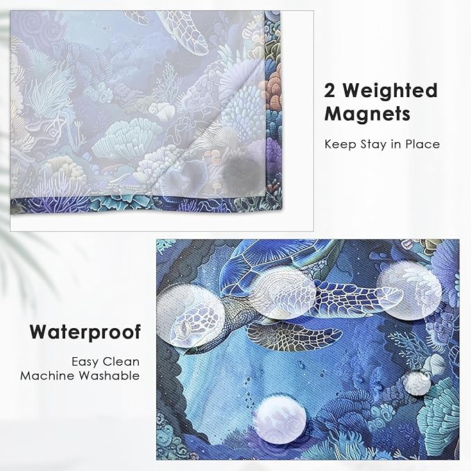 Turtle Navy Blue No Hook Shower Curtain with Snap in Liner, Sea Shells Coral Bath Curtain with Double Layers Waterproof Fabric and Mesh Top Window 71x74 Inch