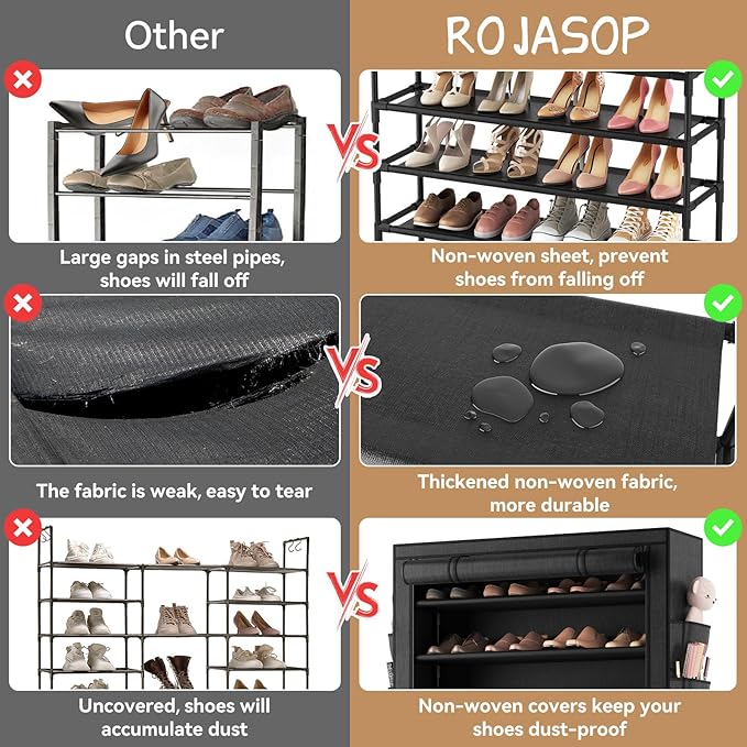 ROJASOP 10 Tier Shoe Rack with Covers,Large Capacity Stackable Tall Shoe Shelf Storage to 50-55 Pairs Shoes and Boots Sturdy Metal Free Standing Shoe Rack Organizer for Closet Entryway Garage