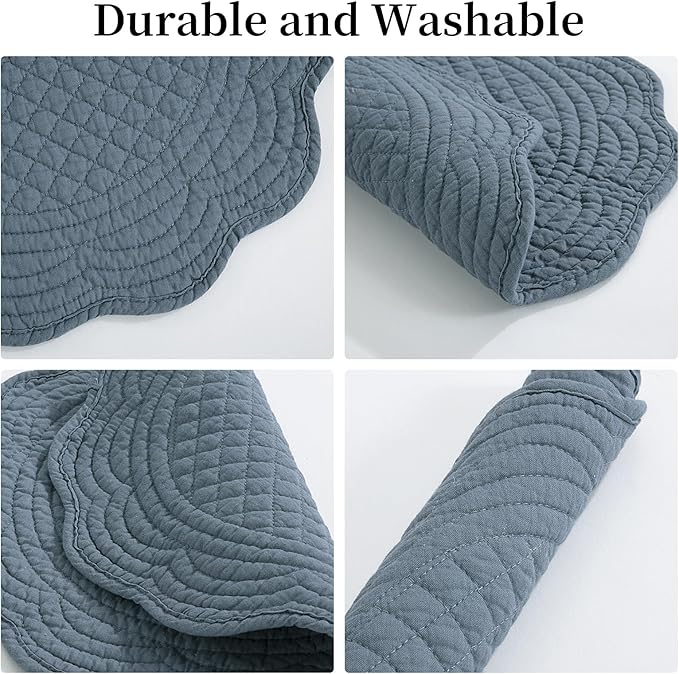 HOMBYS Quilted Placemats Set of 6 Washable Round Placemats for Kitchen Table-100% Cotton Fabric 13 Inch Round Table Mats, Cotton Fabric with Microfiber Filling, (13"x13", Blue)