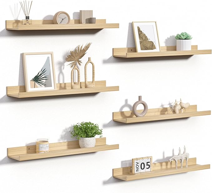 upsimples Floating Shelves for Wall, Wall Shelves for Decor Storage Set of 6, Wall Mounted Wood Shelves for Bedroom, Living Room, Bathroom, Kitchen, 23.6 inch Long Picture Ledge Shelves, Natural