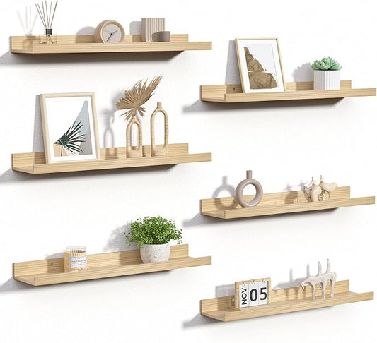 upsimples Floating Shelves for Wall, Wall Shelves for Decor Storage Set of 6, Wall Mounted Wood Shelves for Bedroom, Living Room, Bathroom, Kitchen, 23.6 inch Long Picture Ledge Shelves, Natural
