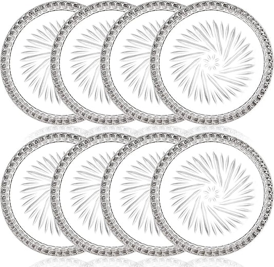 AVLA 8 Pack Crystal Drink Coasters, Glass Round Cup Mat, Clear Decorative Wine Bottle Coasters Barware Set for Table Protection of Home Kitchen, Dining Room, Patio, Coffee Shop, 3.75", Carved Design